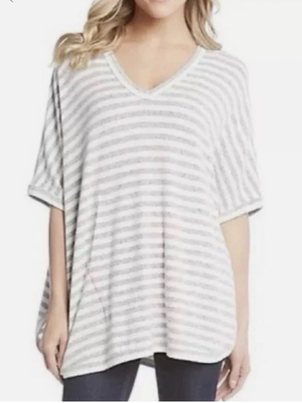 Karen Kane Stripe Kangaroo Pocket Cozy Poncho‎ Top Grey White Stripe XS - Picture 6 of 8